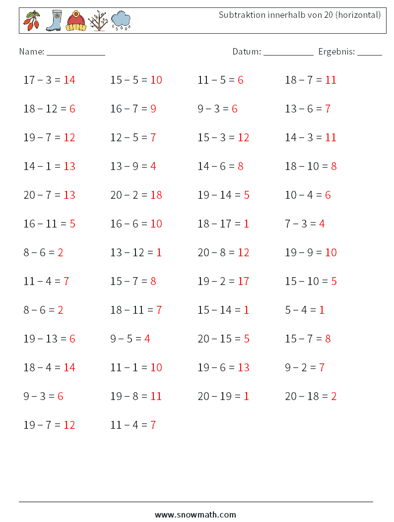 (50) Subtraktion innerhalb von 20 (horizontal) Mathe-Arbeitsblätter 4 Frage, Antwort