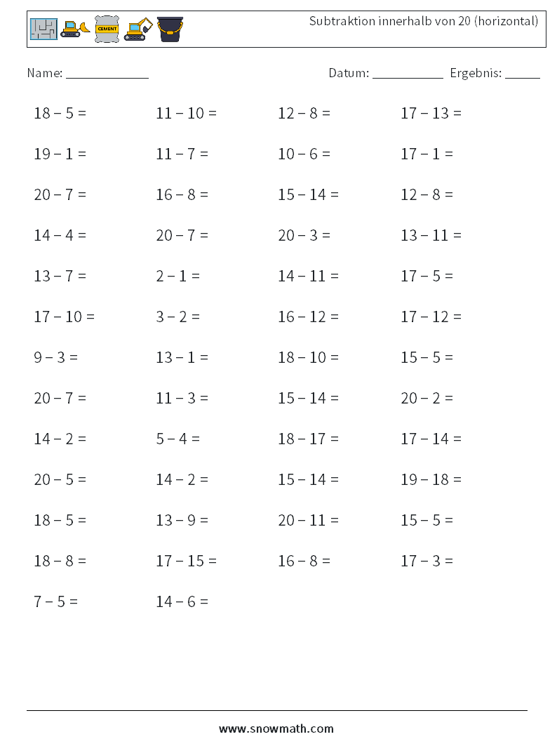 (50) Subtraktion innerhalb von 20 (horizontal) Mathe-Arbeitsblätter 6