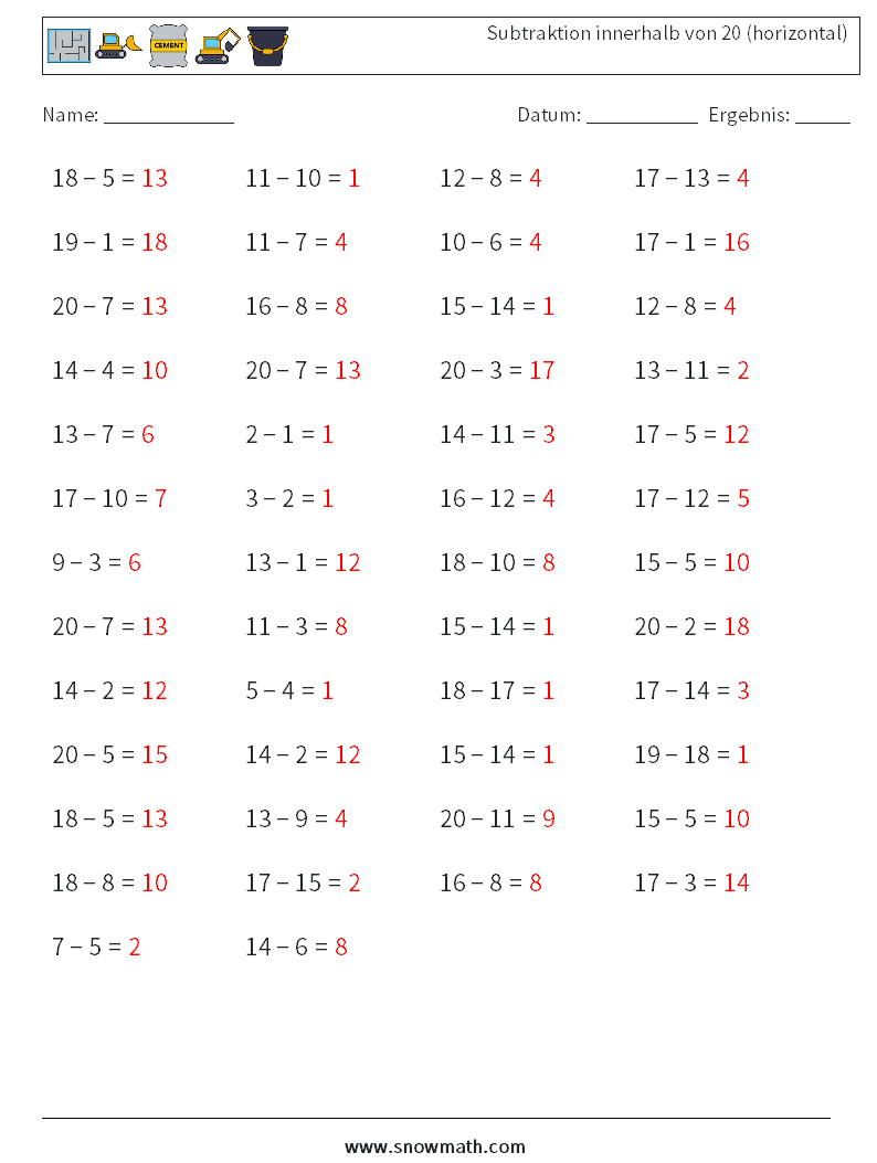 (50) Subtraktion innerhalb von 20 (horizontal) Mathe-Arbeitsblätter 6 Frage, Antwort