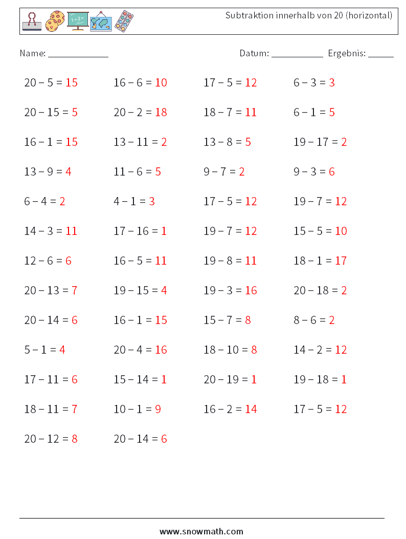 (50) Subtraktion innerhalb von 20 (horizontal) Mathe-Arbeitsblätter 7 Frage, Antwort