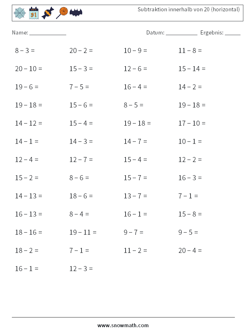 (50) Subtraktion innerhalb von 20 (horizontal) Mathe-Arbeitsblätter 8