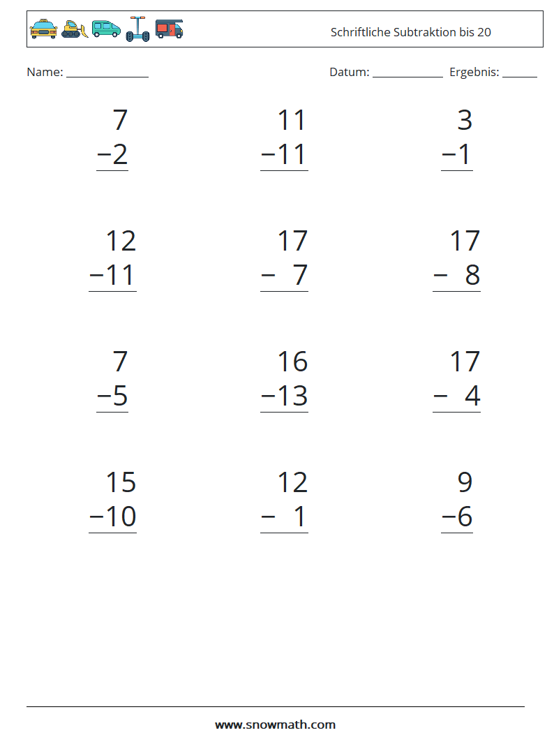 (12) Schriftliche Subtraktion bis 20 Mathe-Arbeitsblätter 1