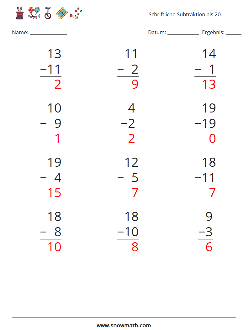 (12) Schriftliche Subtraktion bis 20 Mathe-Arbeitsblätter 11 Frage, Antwort