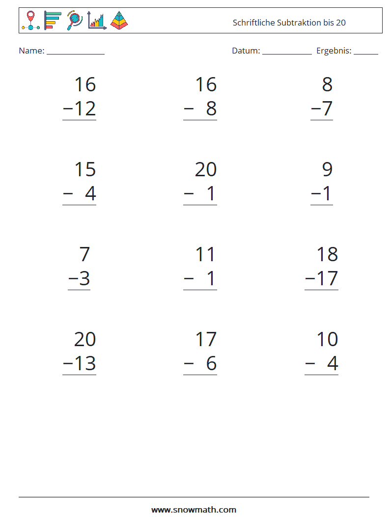 (12) Schriftliche Subtraktion bis 20 Mathe-Arbeitsblätter 12