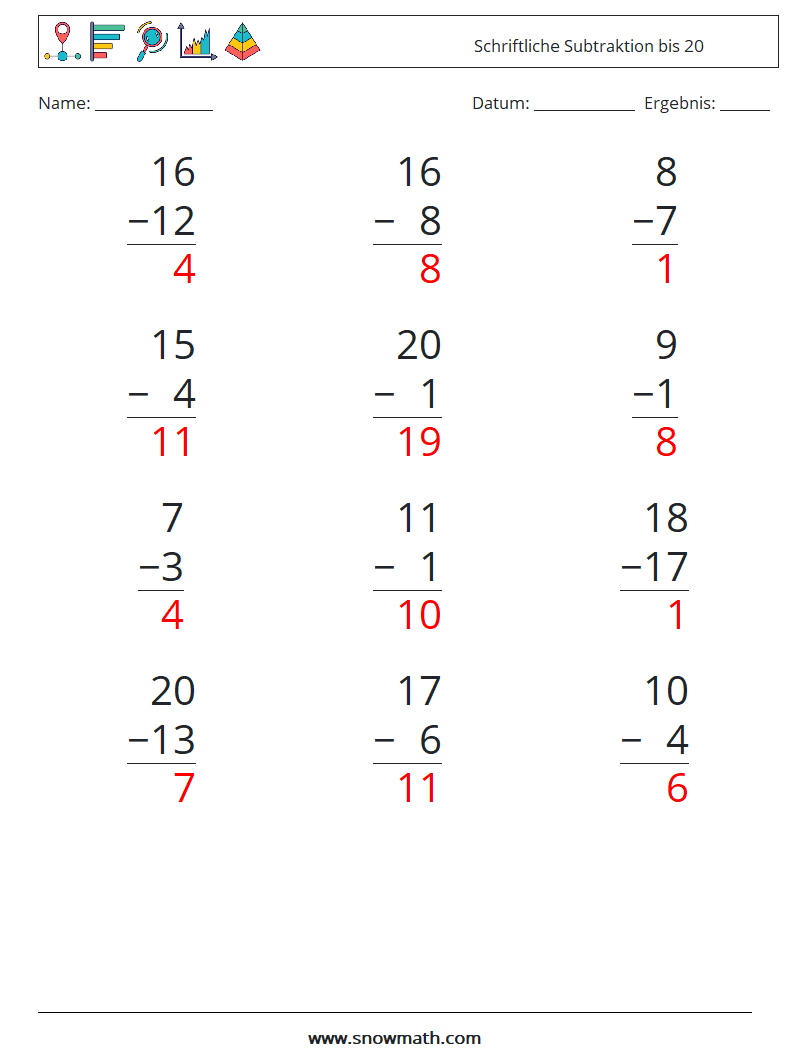 (12) Schriftliche Subtraktion bis 20 Mathe-Arbeitsblätter 12 Frage, Antwort