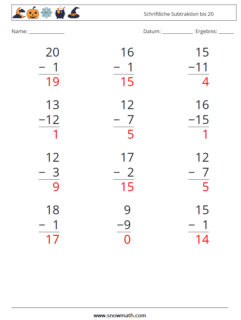 (12) Schriftliche Subtraktion bis 20 Mathe-Arbeitsblätter 13 Frage, Antwort