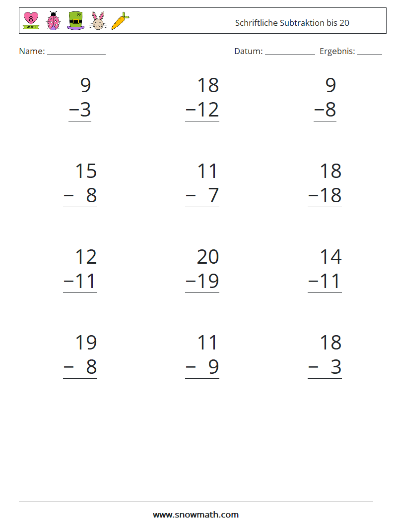 (12) Schriftliche Subtraktion bis 20 Mathe-Arbeitsblätter 14