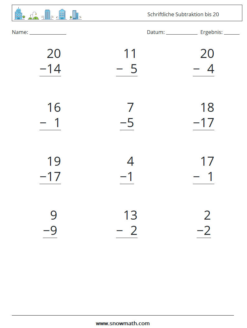 (12) Schriftliche Subtraktion bis 20 Mathe-Arbeitsblätter 15