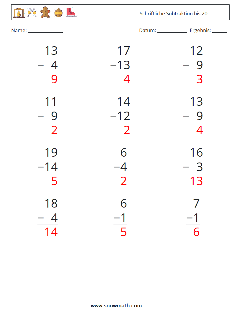 (12) Schriftliche Subtraktion bis 20 Mathe-Arbeitsblätter 16 Frage, Antwort