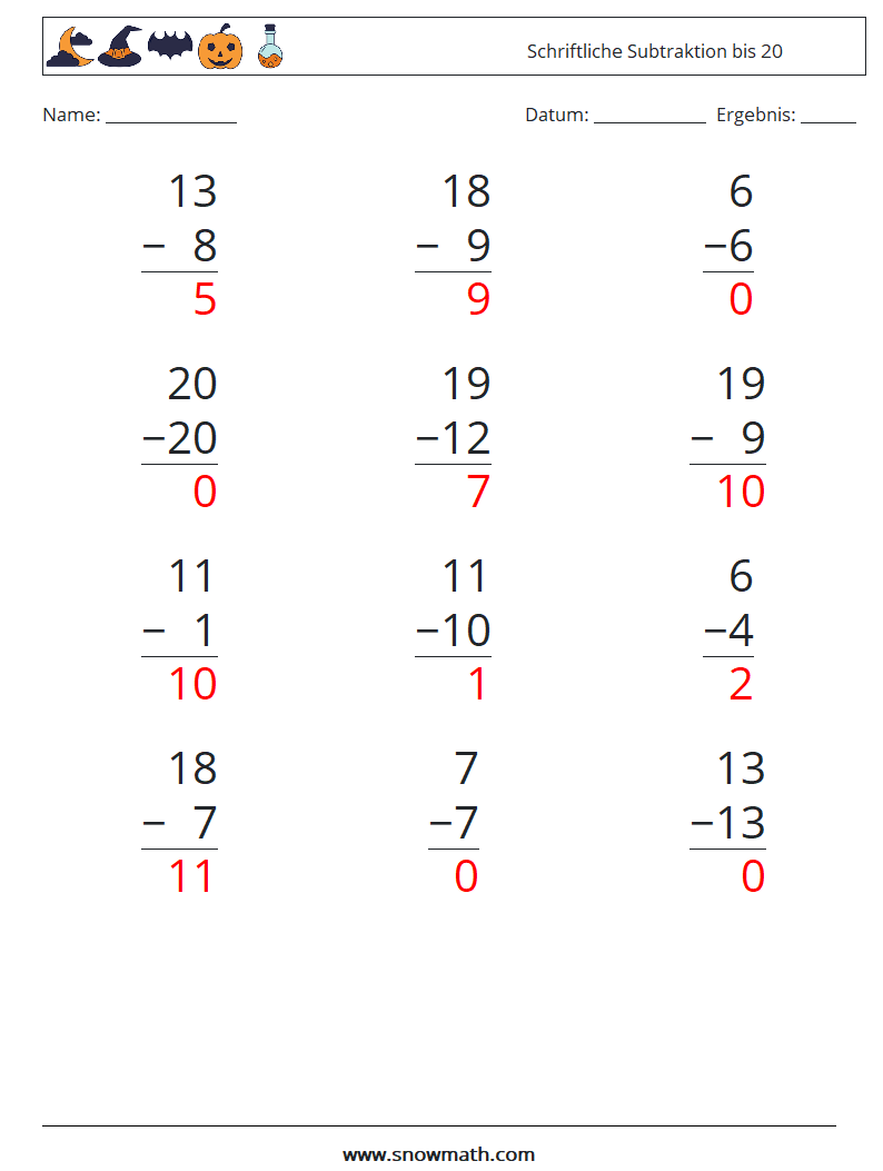 (12) Schriftliche Subtraktion bis 20 Mathe-Arbeitsblätter 17 Frage, Antwort