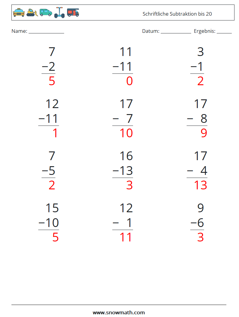 (12) Schriftliche Subtraktion bis 20 Mathe-Arbeitsblätter 1 Frage, Antwort