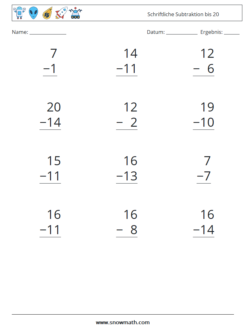 (12) Schriftliche Subtraktion bis 20 Mathe-Arbeitsblätter 2