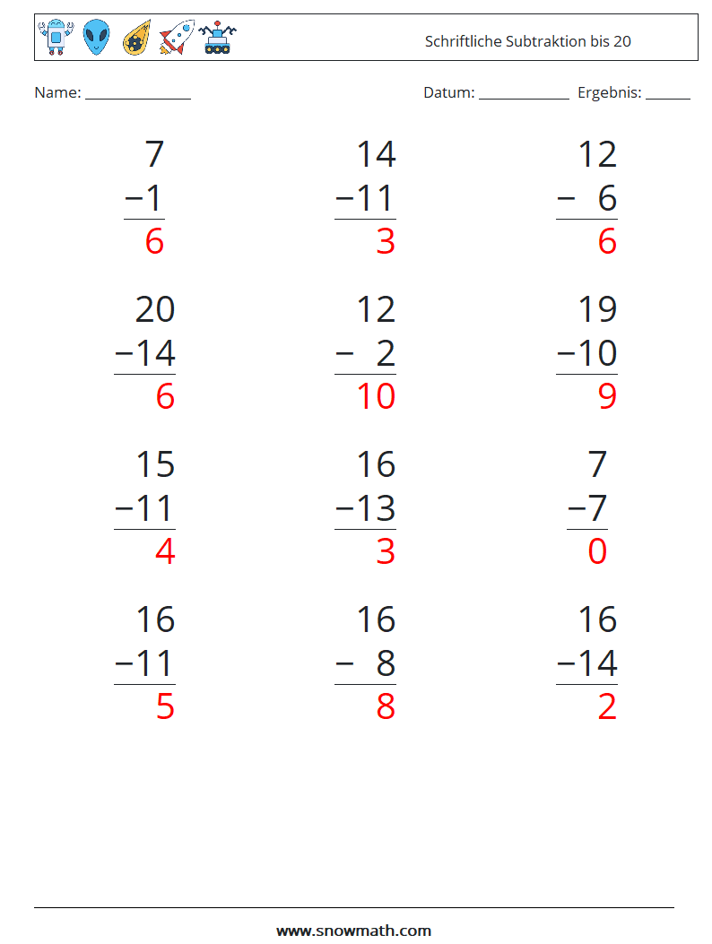 (12) Schriftliche Subtraktion bis 20 Mathe-Arbeitsblätter 2 Frage, Antwort