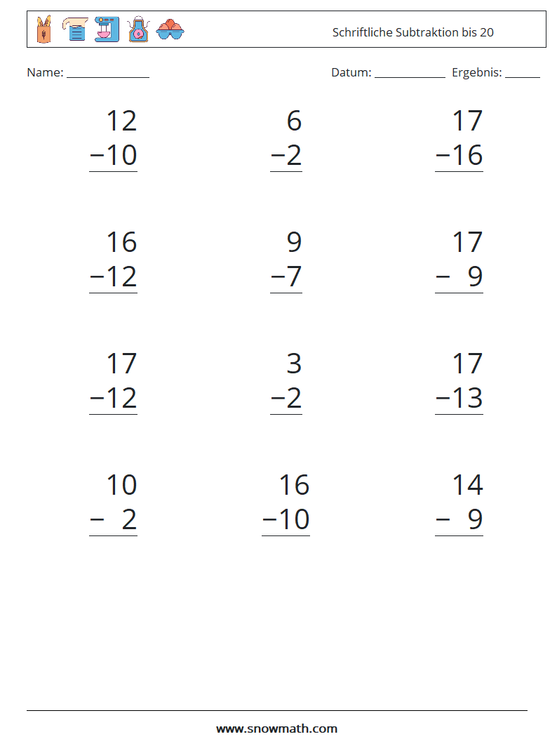 (12) Schriftliche Subtraktion bis 20 Mathe-Arbeitsblätter 3