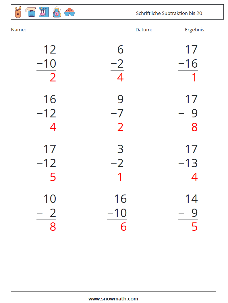 (12) Schriftliche Subtraktion bis 20 Mathe-Arbeitsblätter 3 Frage, Antwort