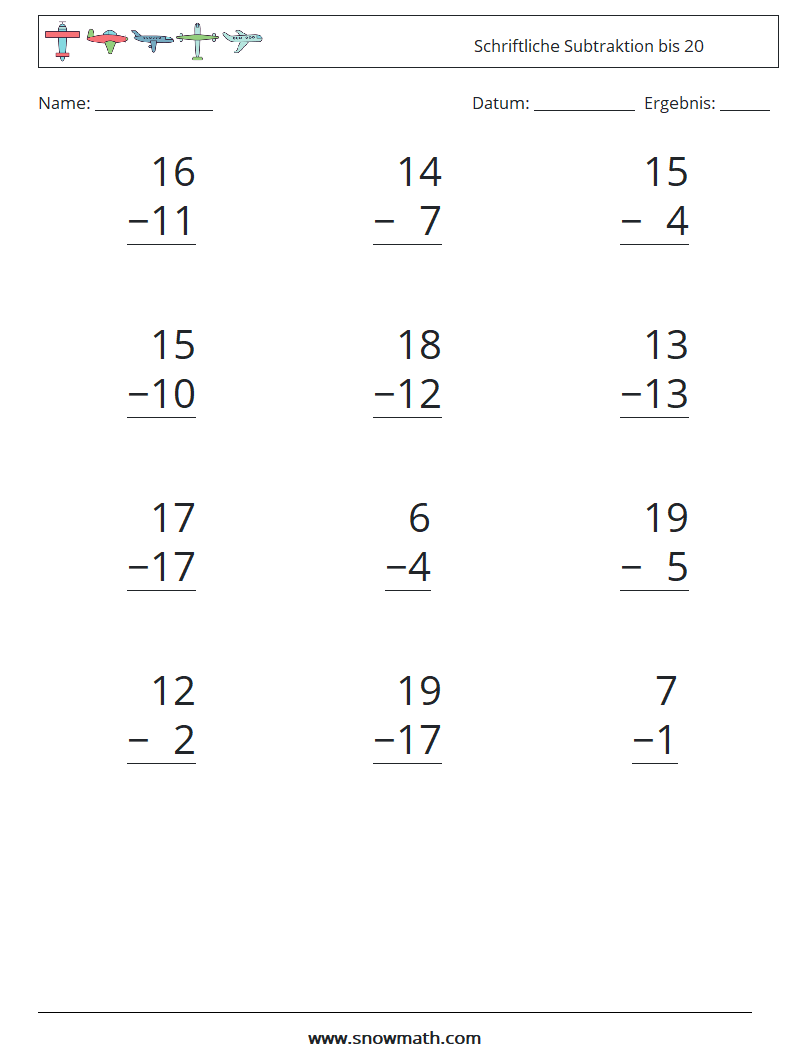 (12) Schriftliche Subtraktion bis 20 Mathe-Arbeitsblätter 4
