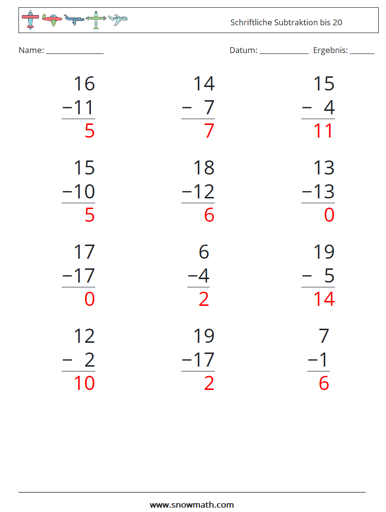 (12) Schriftliche Subtraktion bis 20 Mathe-Arbeitsblätter 4 Frage, Antwort