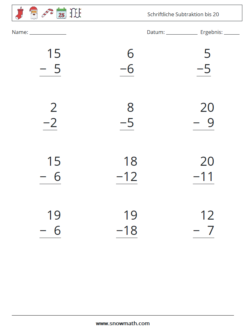 (12) Schriftliche Subtraktion bis 20 Mathe-Arbeitsblätter 5