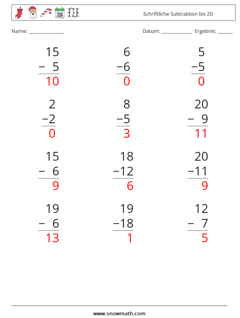 (12) Schriftliche Subtraktion bis 20 Mathe-Arbeitsblätter 5 Frage, Antwort