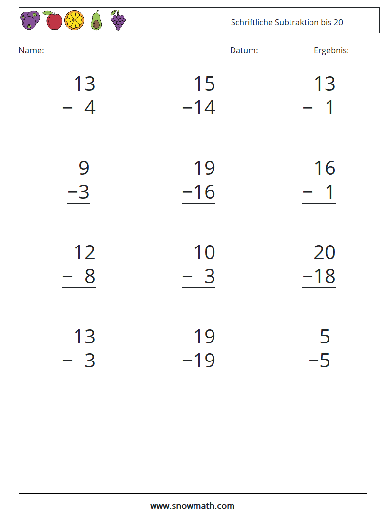 (12) Schriftliche Subtraktion bis 20 Mathe-Arbeitsblätter 6