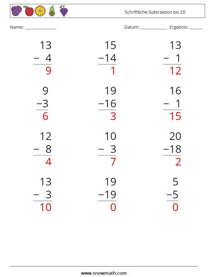 (12) Schriftliche Subtraktion bis 20 Mathe-Arbeitsblätter 6 Frage, Antwort