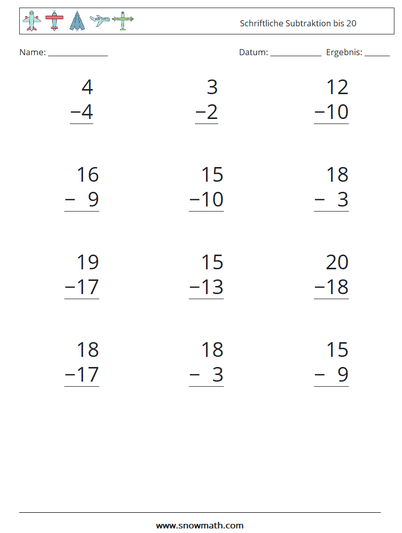 (12) Schriftliche Subtraktion bis 20 Mathe-Arbeitsblätter 7
