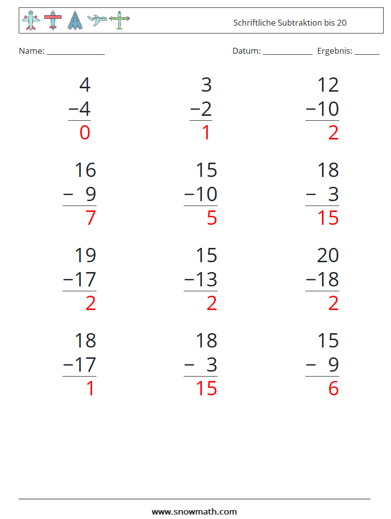 (12) Schriftliche Subtraktion bis 20 Mathe-Arbeitsblätter 7 Frage, Antwort