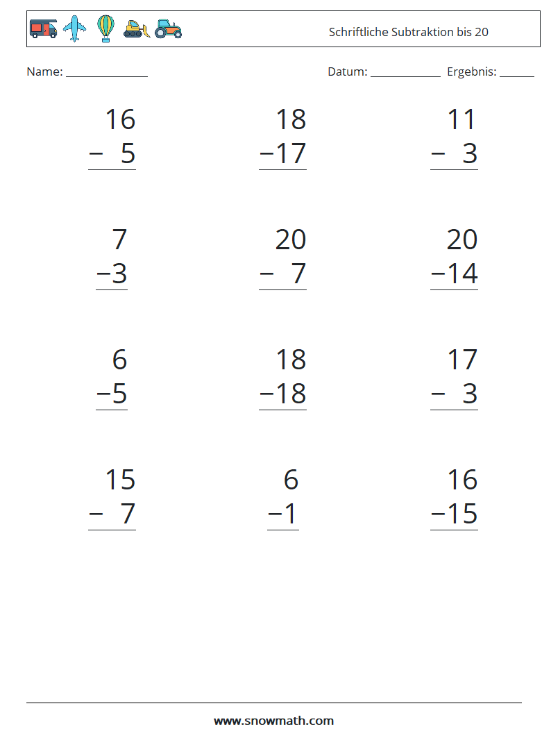 (12) Schriftliche Subtraktion bis 20 Mathe-Arbeitsblätter 8