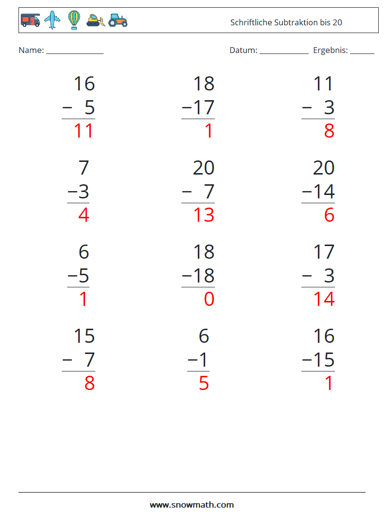 (12) Schriftliche Subtraktion bis 20 Mathe-Arbeitsblätter 8 Frage, Antwort