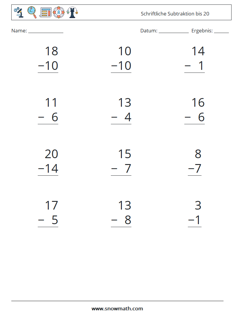 (12) Schriftliche Subtraktion bis 20 Mathe-Arbeitsblätter 9
