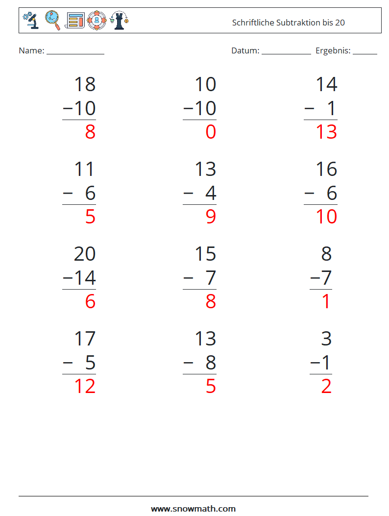 (12) Schriftliche Subtraktion bis 20 Mathe-Arbeitsblätter 9 Frage, Antwort