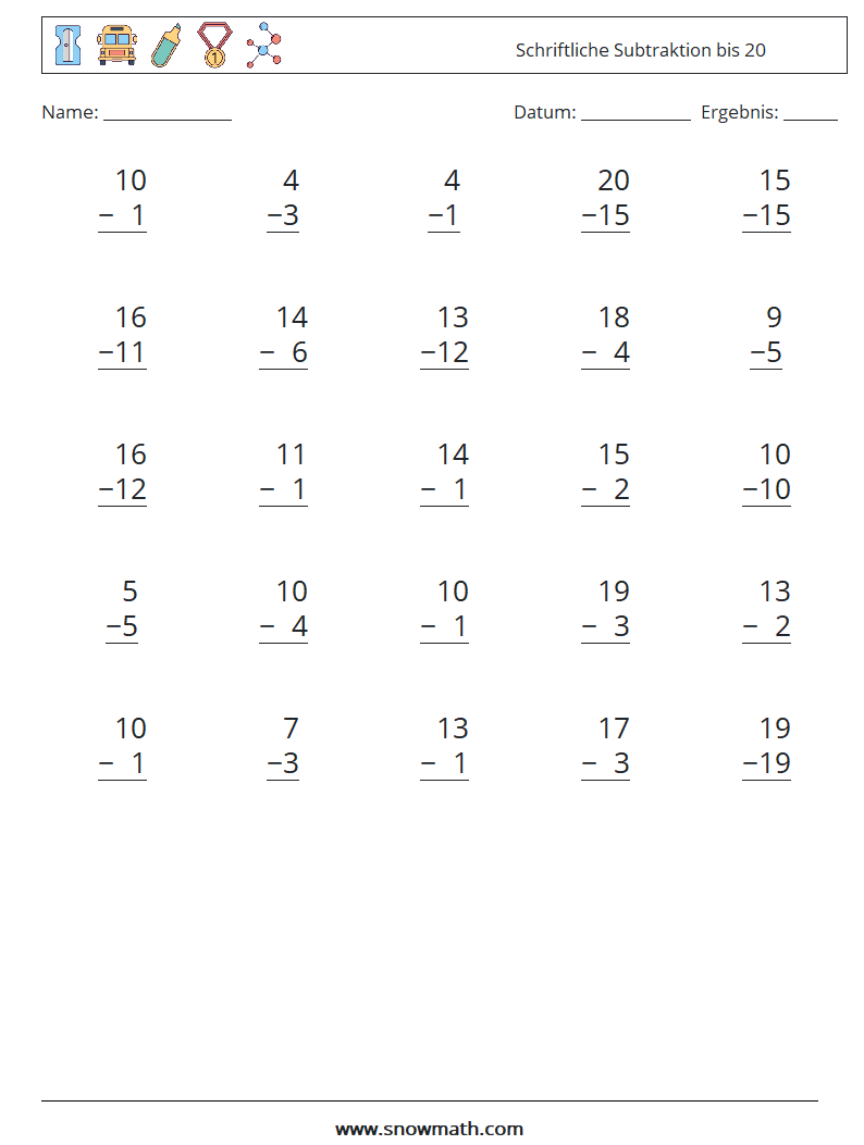 (25) Schriftliche Subtraktion bis 20 Mathe-Arbeitsblätter 1