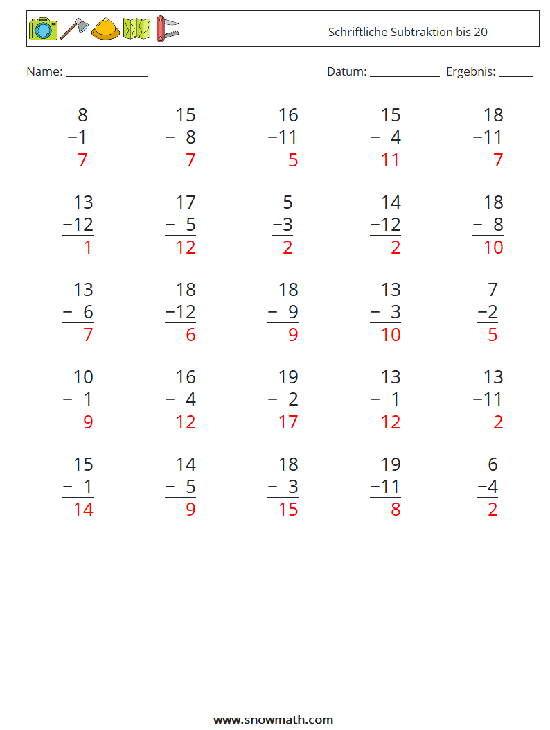 (25) Schriftliche Subtraktion bis 20 Mathe-Arbeitsblätter 11 Frage, Antwort