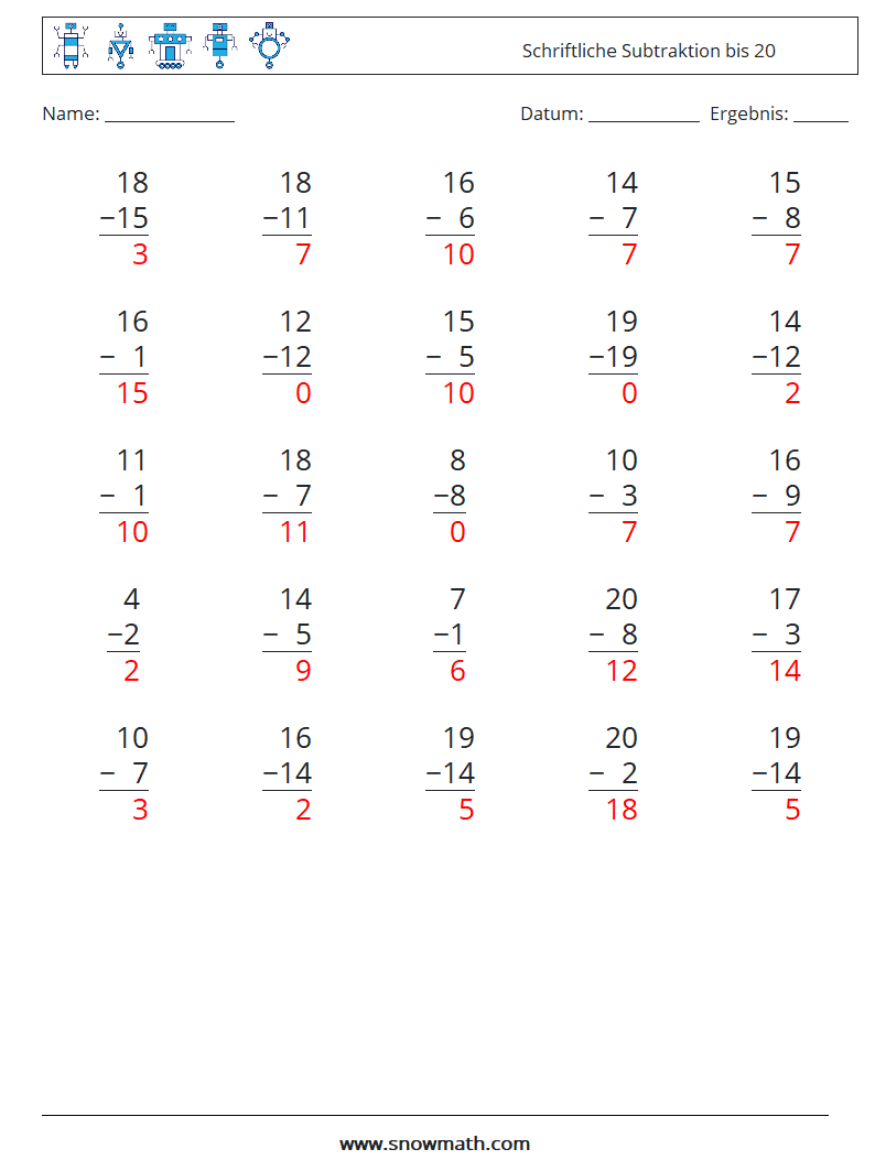 (25) Schriftliche Subtraktion bis 20 Mathe-Arbeitsblätter 13 Frage, Antwort