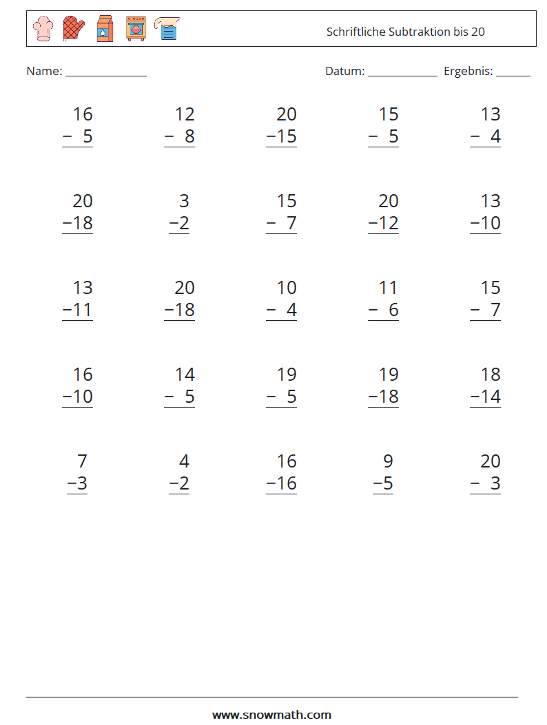 (25) Schriftliche Subtraktion bis 20 Mathe-Arbeitsblätter 14