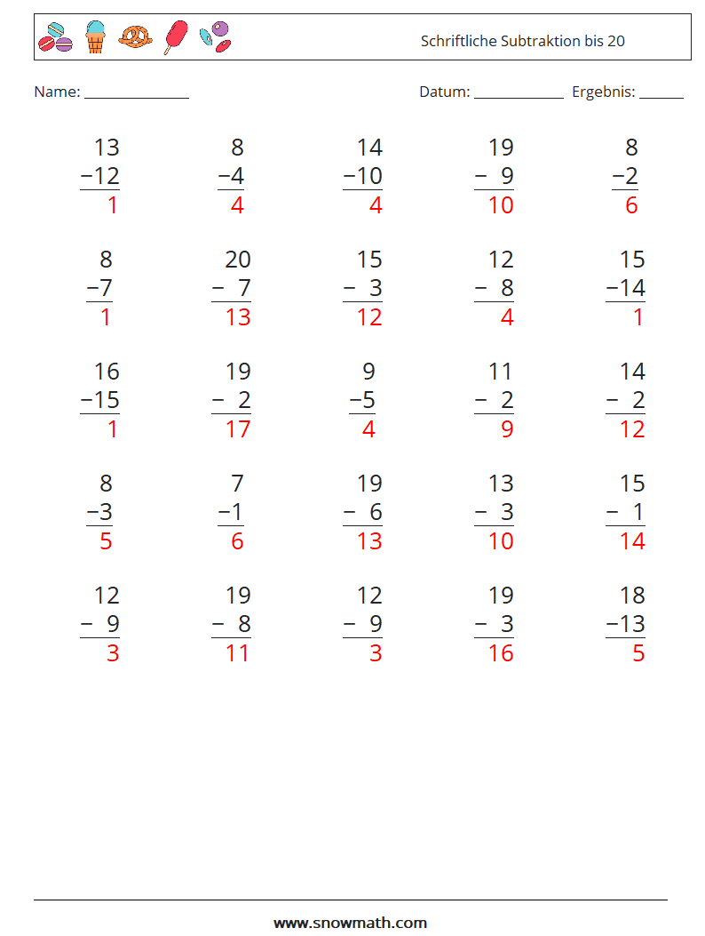 (25) Schriftliche Subtraktion bis 20 Mathe-Arbeitsblätter 15 Frage, Antwort