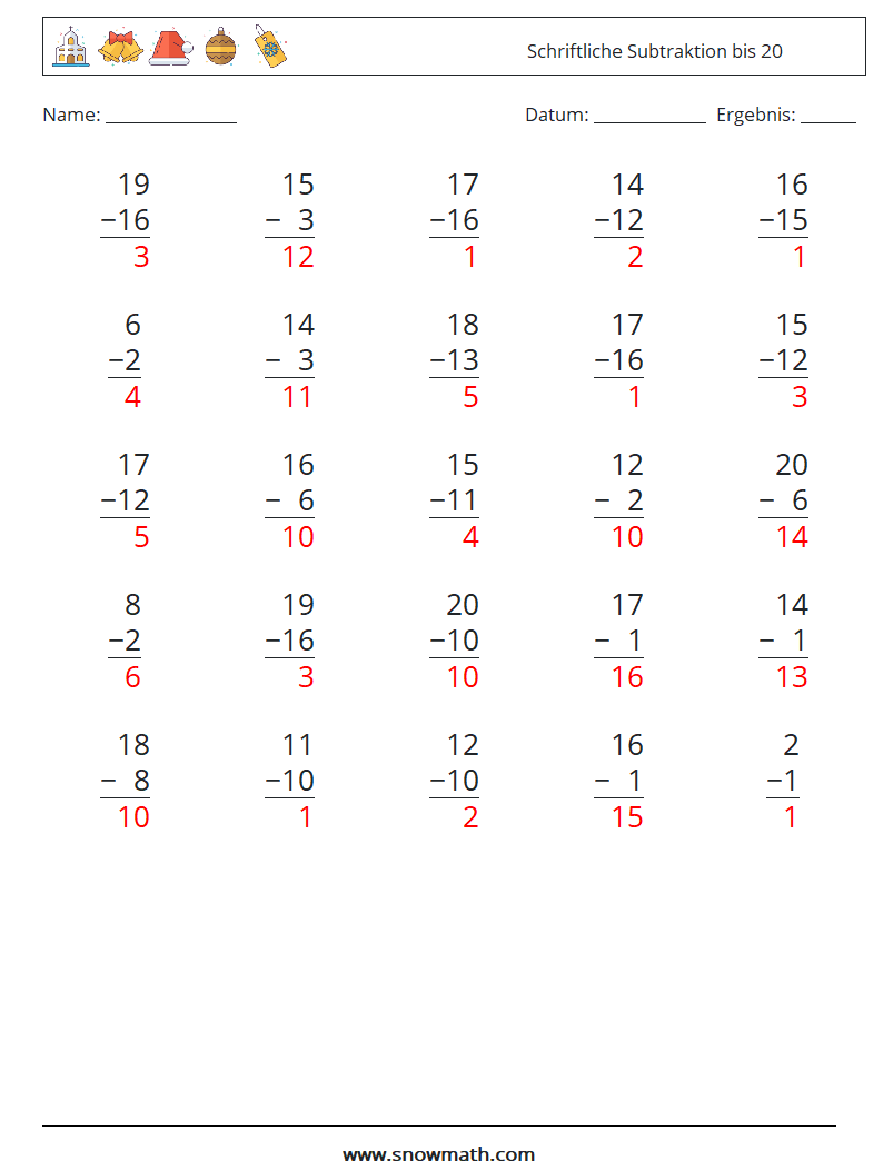 (25) Schriftliche Subtraktion bis 20 Mathe-Arbeitsblätter 16 Frage, Antwort