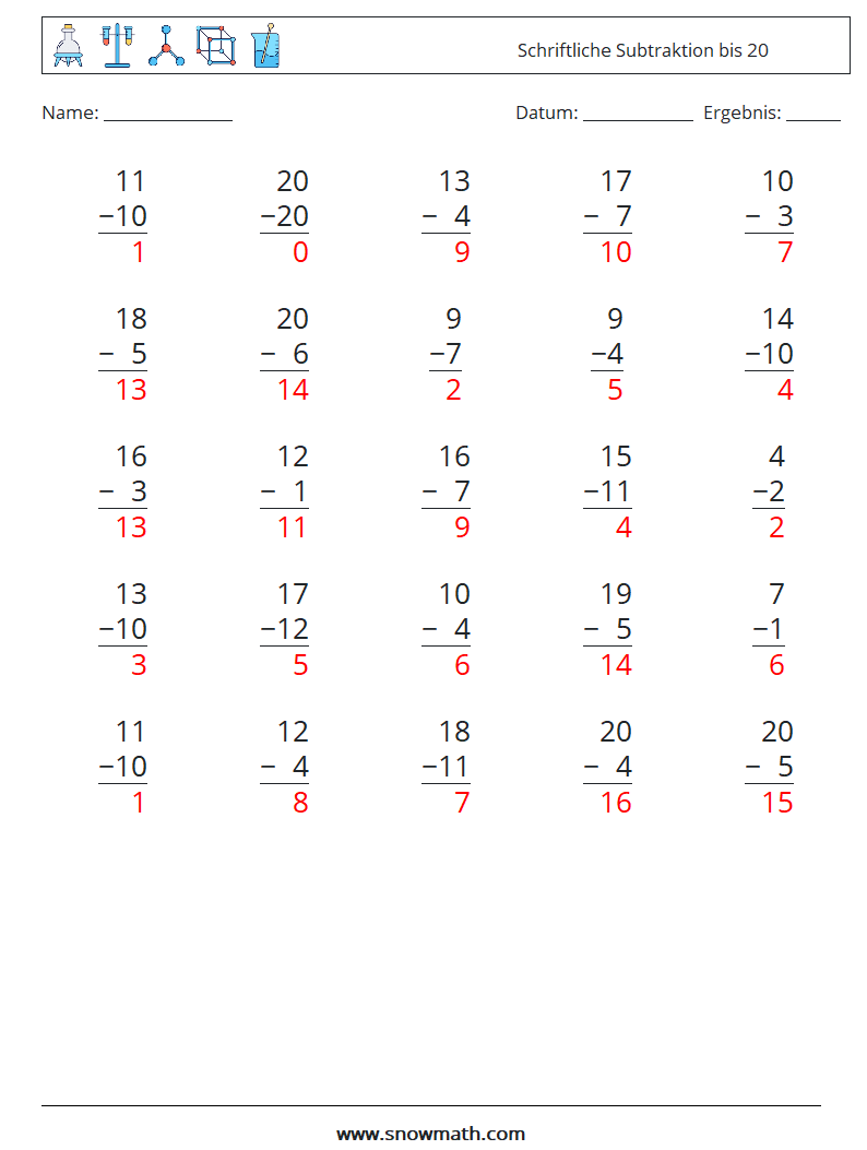 (25) Schriftliche Subtraktion bis 20 Mathe-Arbeitsblätter 17 Frage, Antwort