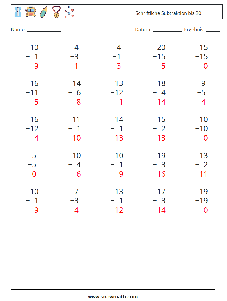 (25) Schriftliche Subtraktion bis 20 Mathe-Arbeitsblätter 1 Frage, Antwort