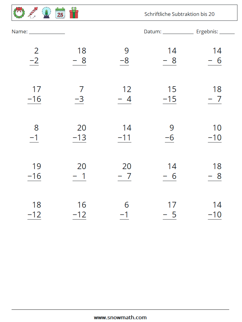 (25) Schriftliche Subtraktion bis 20 Mathe-Arbeitsblätter 2