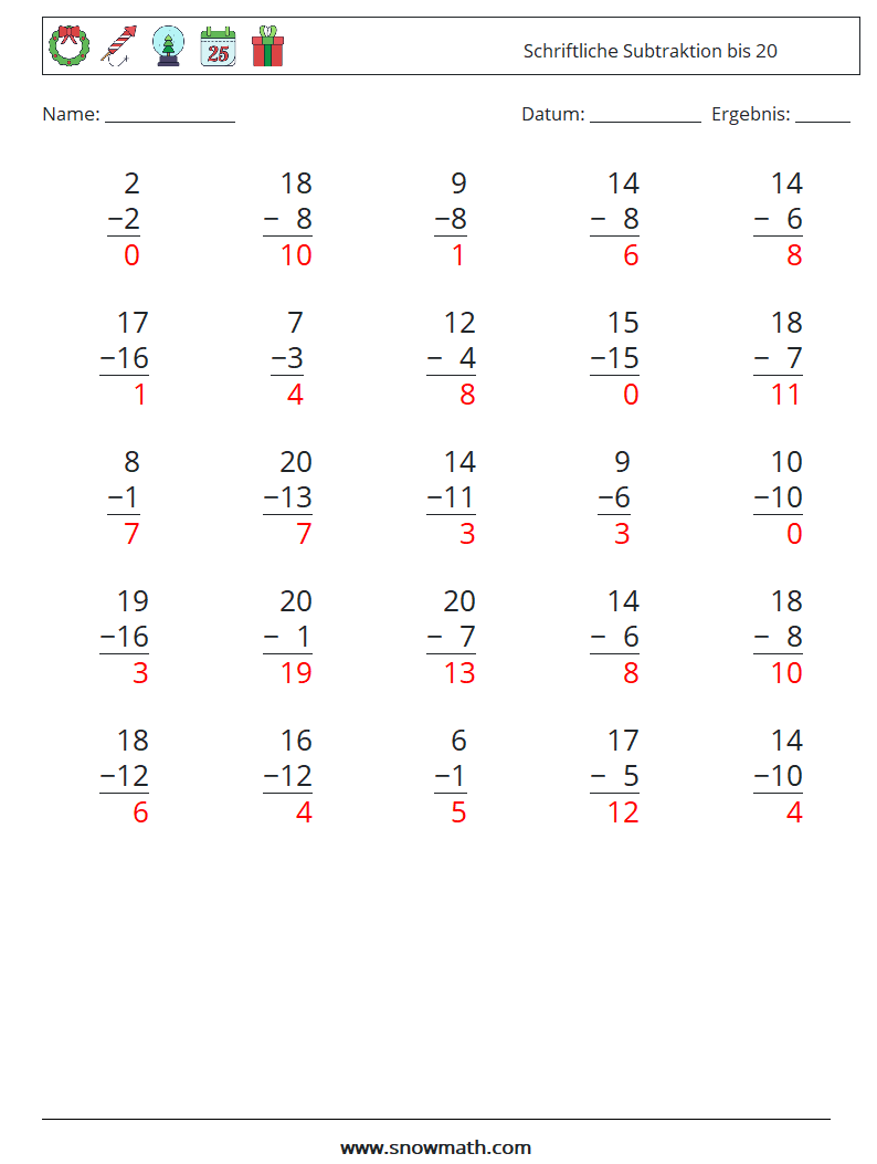 (25) Schriftliche Subtraktion bis 20 Mathe-Arbeitsblätter 2 Frage, Antwort