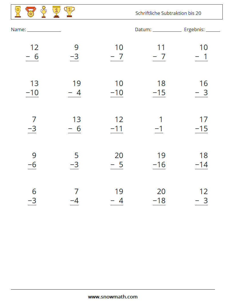 (25) Schriftliche Subtraktion bis 20 Mathe-Arbeitsblätter 4