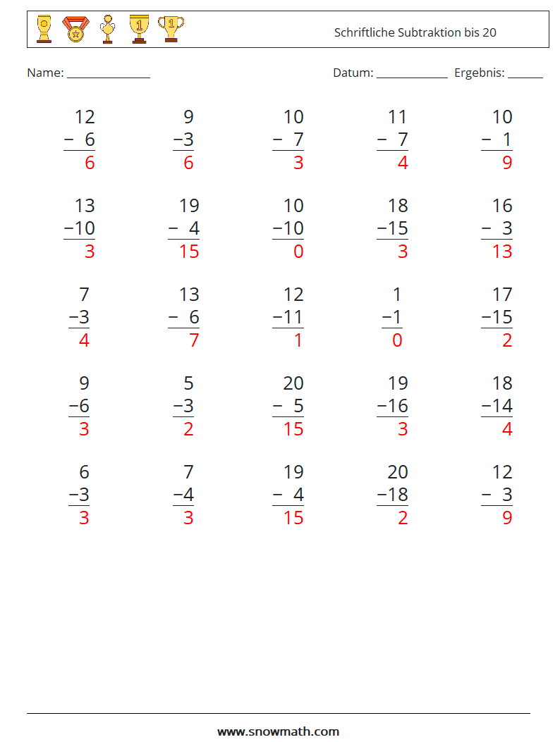 (25) Schriftliche Subtraktion bis 20 Mathe-Arbeitsblätter 4 Frage, Antwort