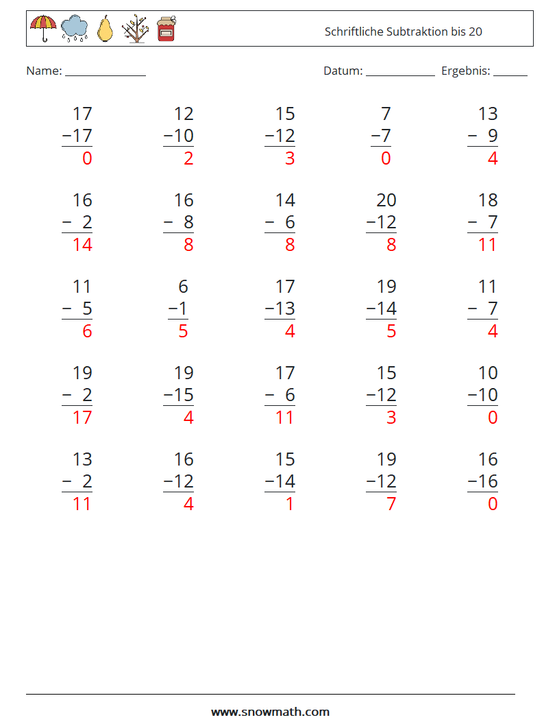 (25) Schriftliche Subtraktion bis 20 Mathe-Arbeitsblätter 6 Frage, Antwort