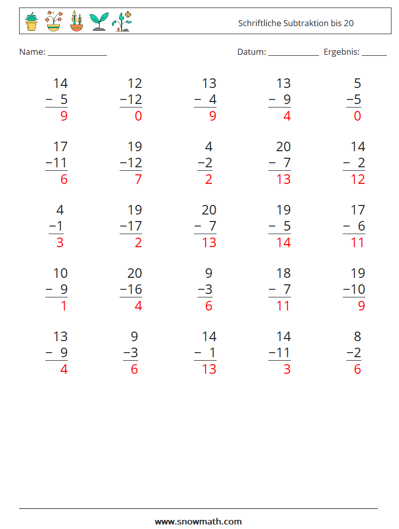 (25) Schriftliche Subtraktion bis 20 Mathe-Arbeitsblätter 8 Frage, Antwort