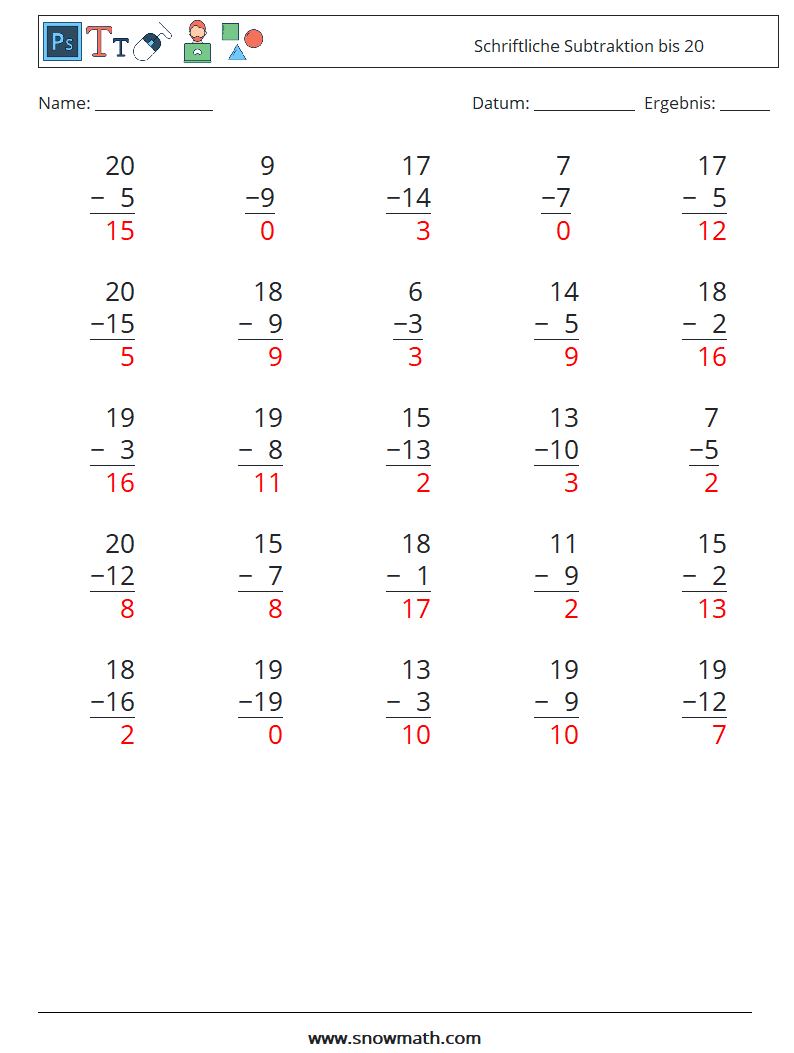 (25) Schriftliche Subtraktion bis 20 Mathe-Arbeitsblätter 9 Frage, Antwort