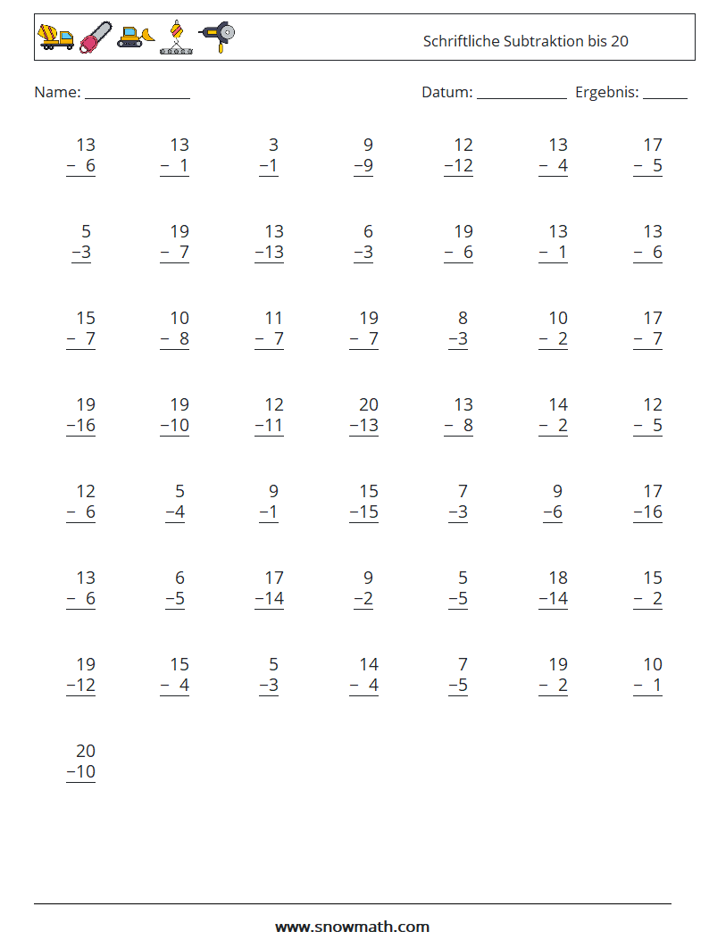 (50) Schriftliche Subtraktion bis 20 Mathe-Arbeitsblätter 1