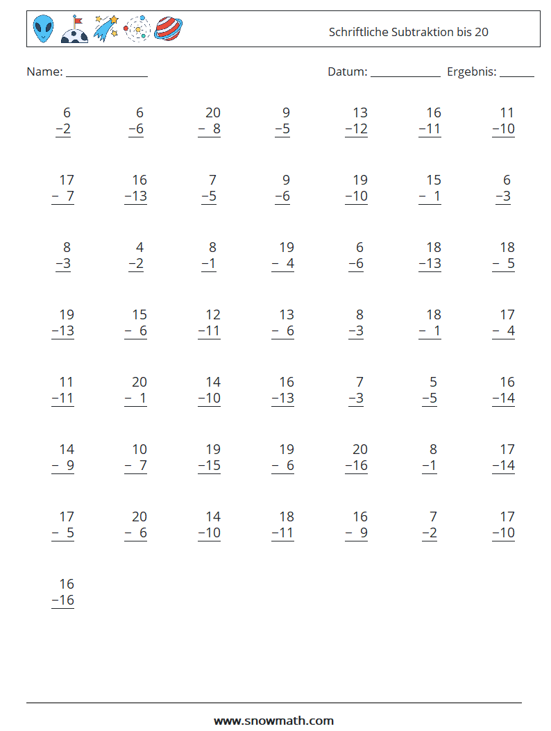 (50) Schriftliche Subtraktion bis 20 Mathe-Arbeitsblätter 10