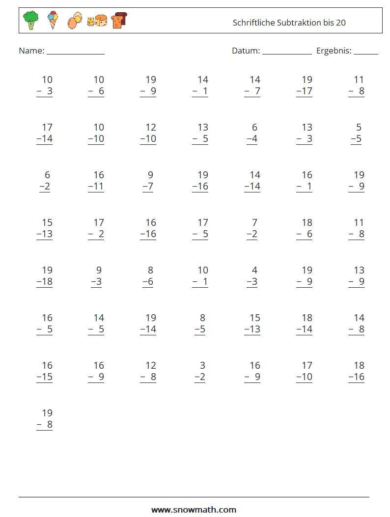 (50) Schriftliche Subtraktion bis 20 Mathe-Arbeitsblätter 11