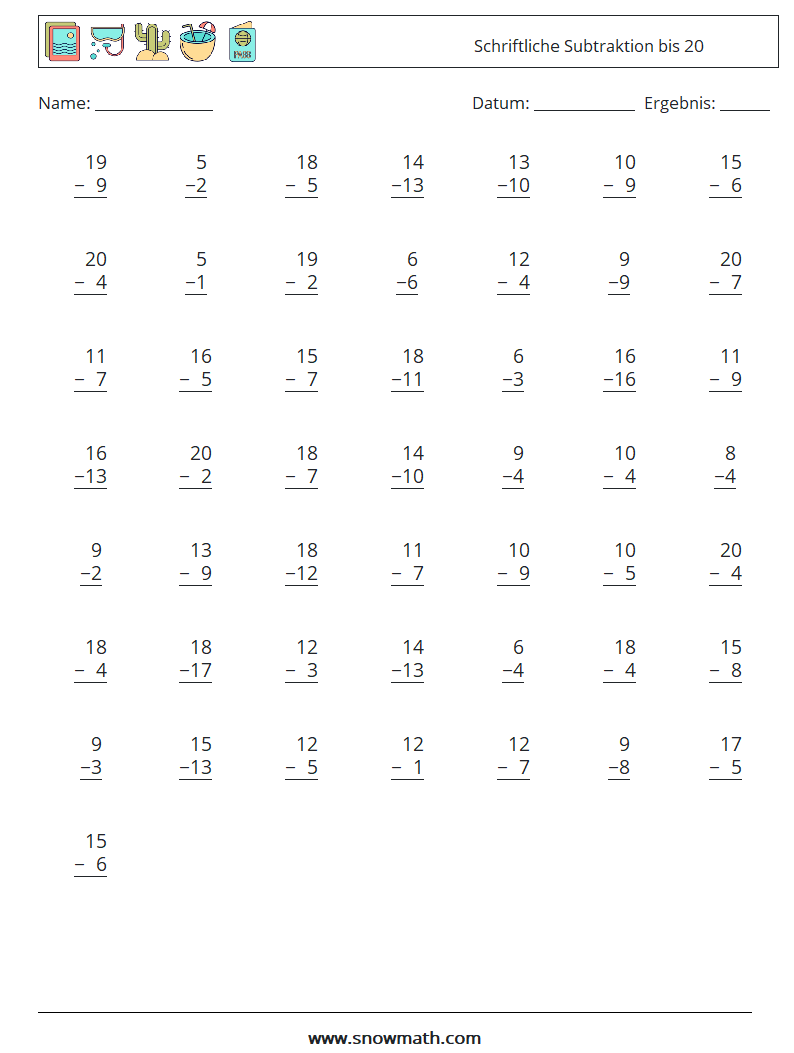 (50) Schriftliche Subtraktion bis 20 Mathe-Arbeitsblätter 12